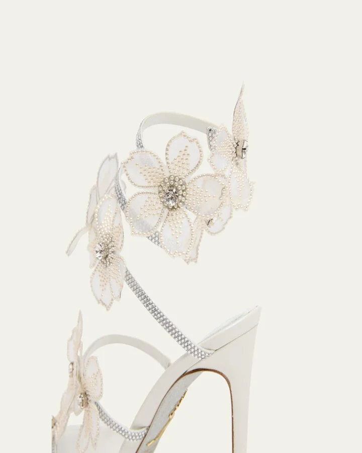 Floraine Crystal Flower Satin Snake Wrap Sandals - Image 3