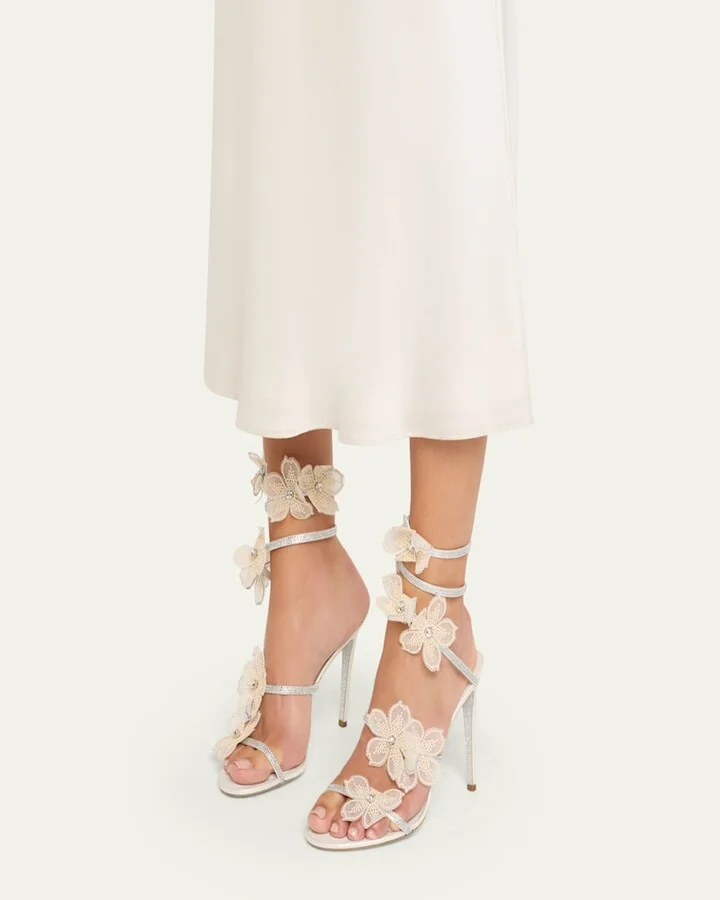 Floraine Crystal Flower Satin Snake Wrap Sandals - Image 6