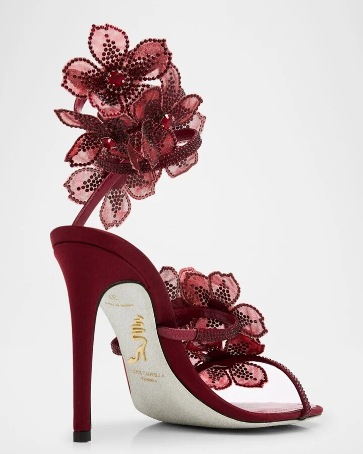 Floraine Crystal Flower Satin Snake Wrap Sandals - Image 2