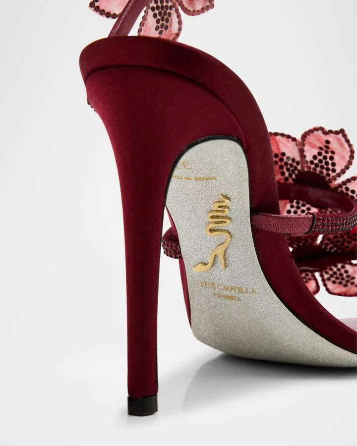 Floraine Crystal Flower Satin Snake Wrap Sandals - Image 4