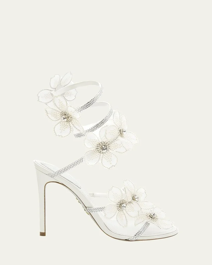 Floraine Crystal Flower Satin Snake Wrap Sandals
