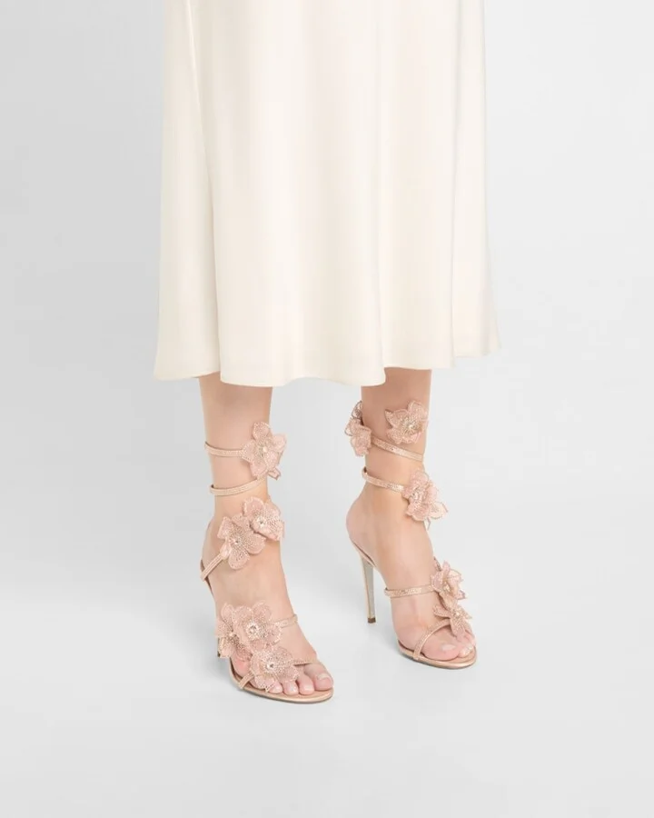 Floraine Crystal Flowers Satin Snake-Wrap Sandals - Image 3
