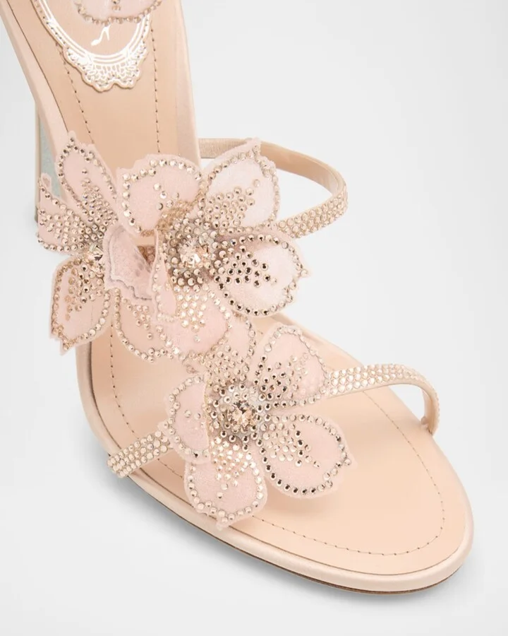 Floraine Crystal Flowers Satin Snake-Wrap Sandals - Image 4
