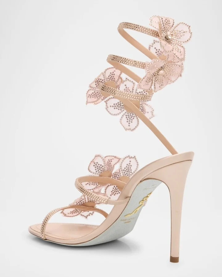 Floraine Crystal Flowers Satin Snake-Wrap Sandals - Image 5