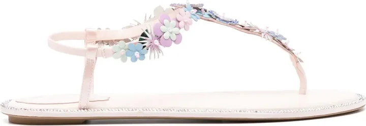 Floral-Appliqué Leather Sandals