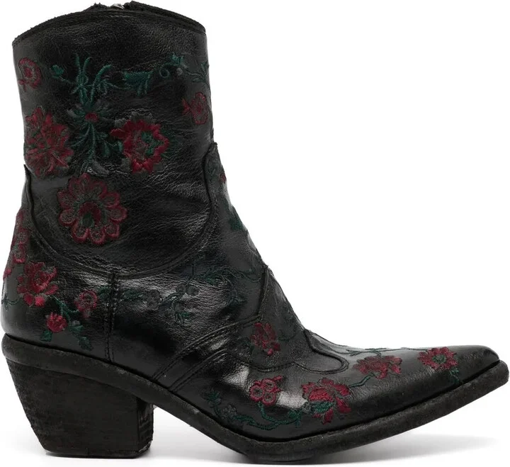 Floral-Embroidered Ankle Boots