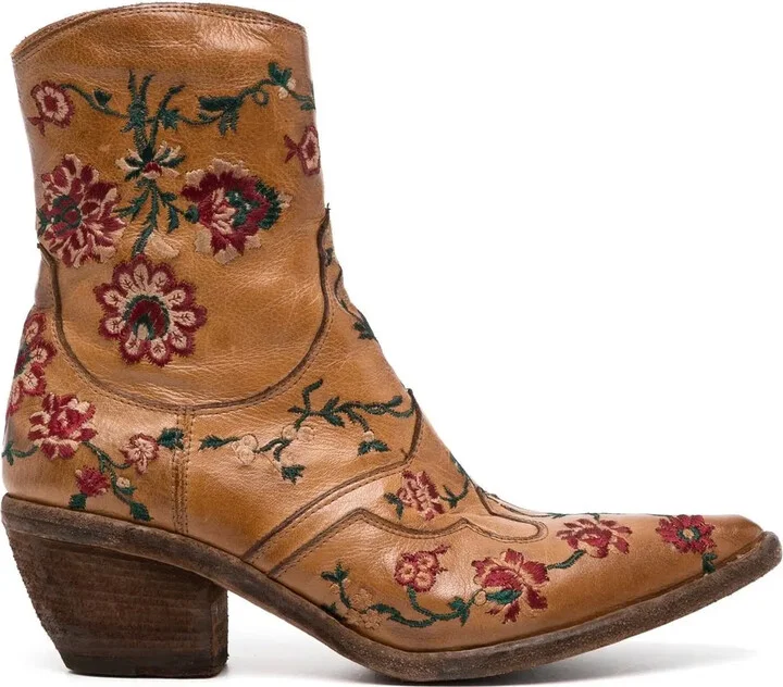 Floral-Embroidered Ankle Boots