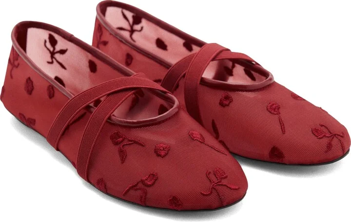 Floral Embroidered Cross Strap Ballerina Flat