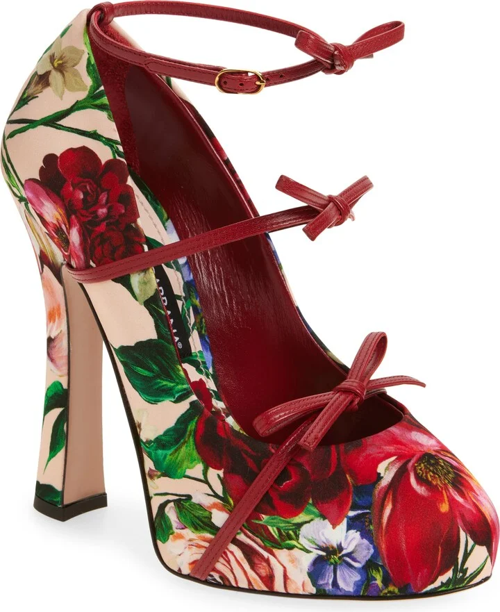 Floral Print Ankle Strap Mary Jane Pump
