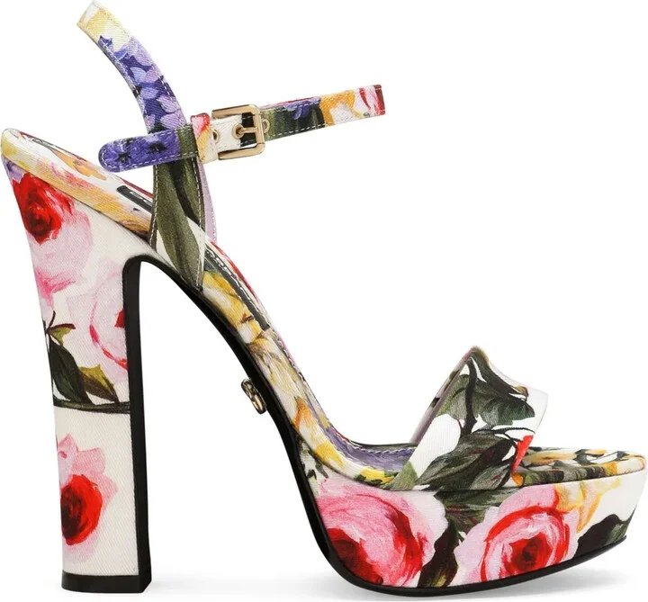 Floral-Print Gabardine Platform Sandals