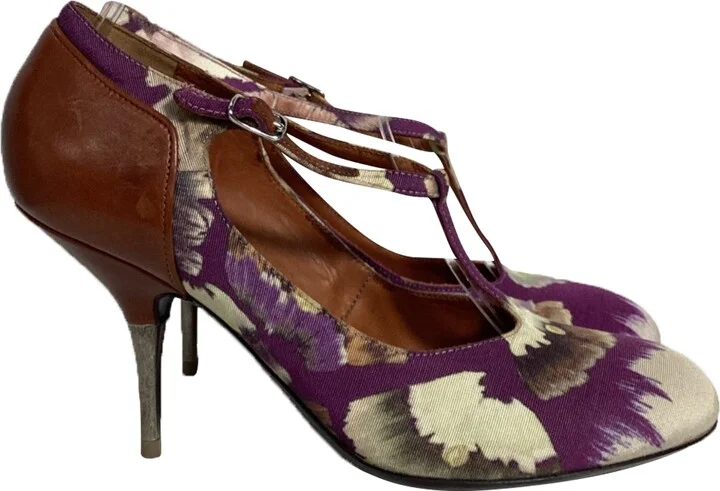 Floral Print Pumps in Purple Cotton