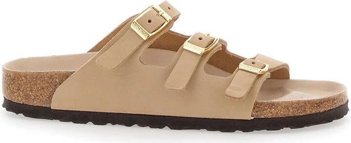 'Florida' Beige Sandals With Buckle With Logo Lettering In Leather Woman