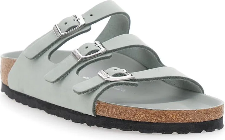 'Florida' Green Sandals With Buckle With Logo In Leather Woman