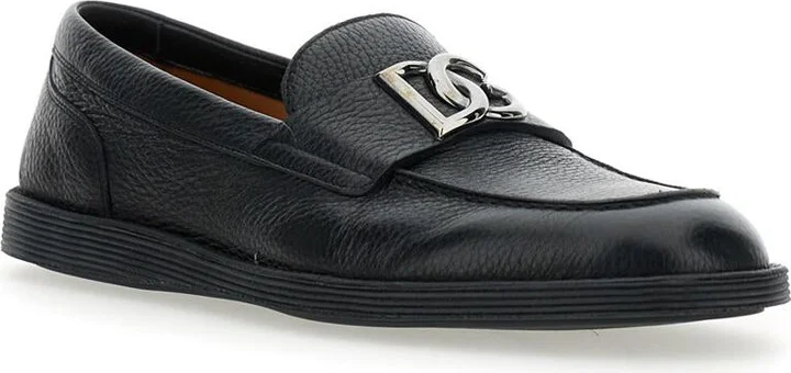 'Florio' Black Loafers With Dg Plaque On The Front In Grained Leather Man - Image 2
