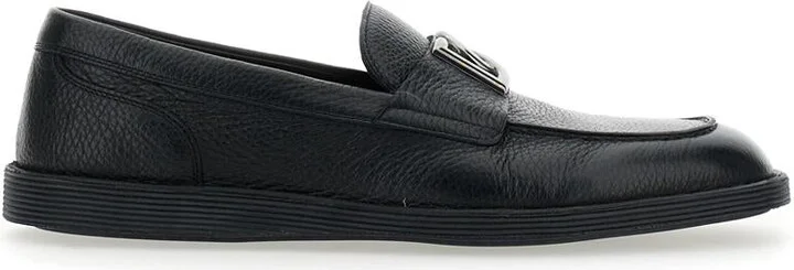 'Florio' Black Loafers With Dg Plaque On The Front In Grained Leather Man