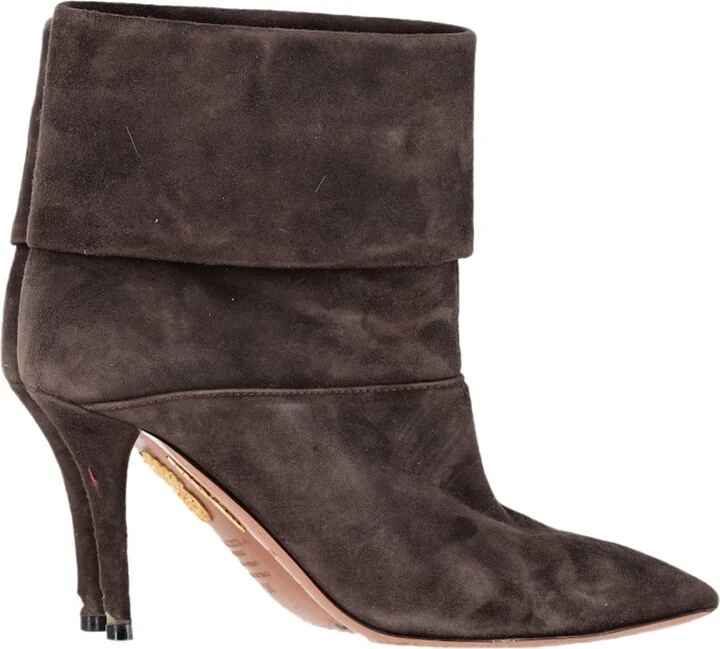 Folded Ankle Heeled Boots in Brown Suede