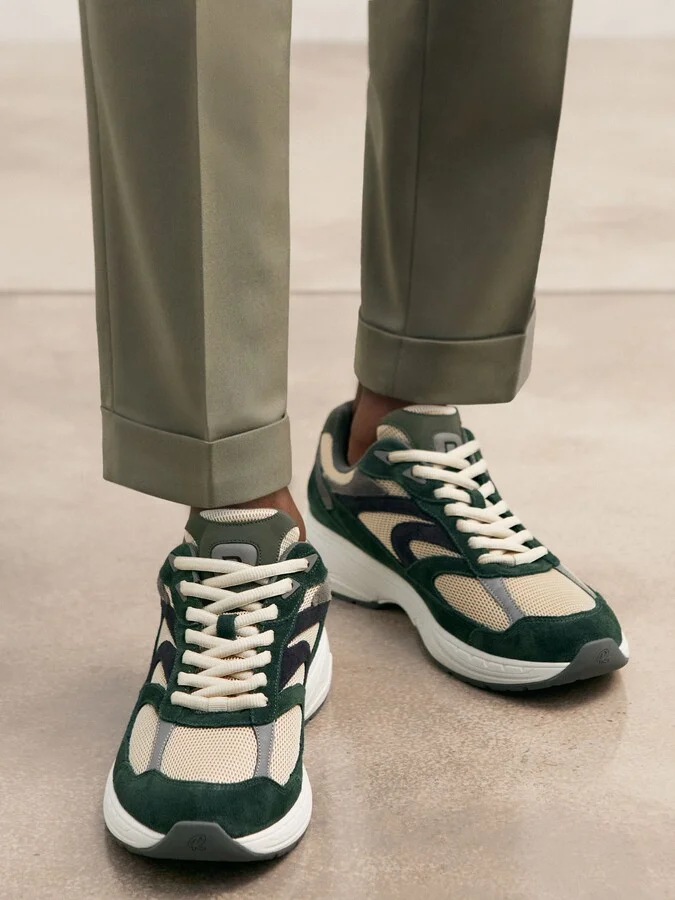 Forest Green/stone Panelled Running Trainers - Image 2
