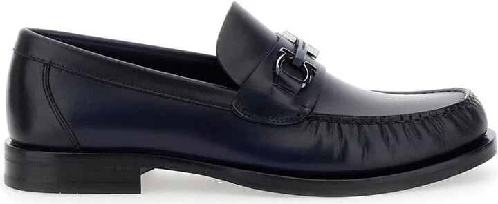 'Fort' Blue Slip-On Loafers With Gancini Detail In Brushed Leather Man
