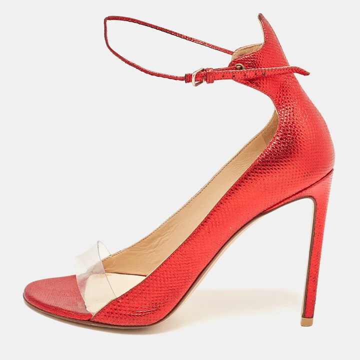 Francesco Russo Red Leather and PVC Open Toe Ankle Strap Pumps Size 38
