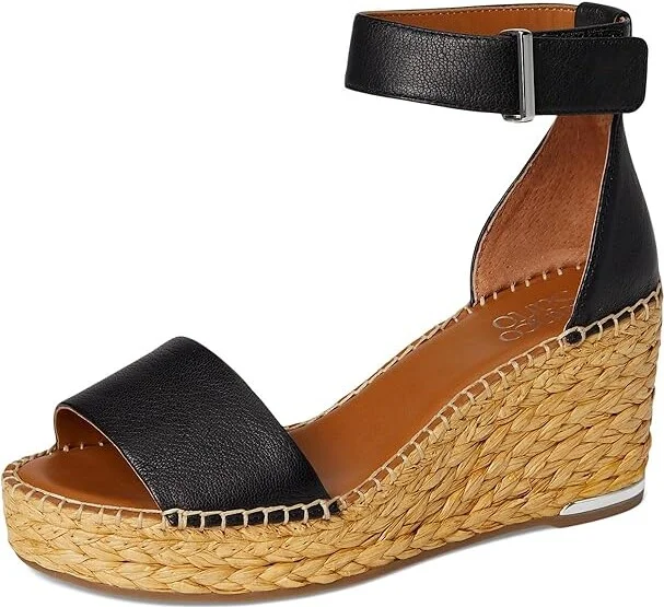 Franco Sarto Clemens Raffia Espadrille Wedge Heel Sandals Women's Sandals Black Leather : 9.5 M, Leather/Suede - Image 5
