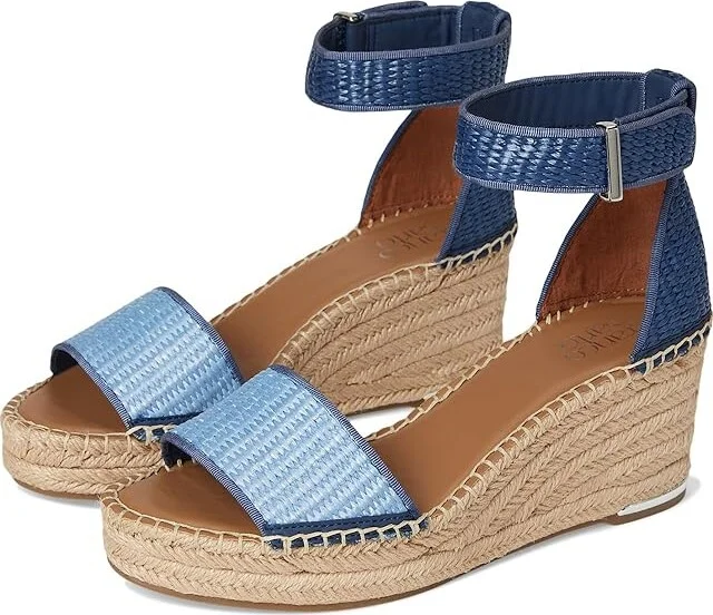 Franco Sarto Clemens Raffia Espadrille Wedge Heel Sandals Women's Sandals Denim Blue Raffia : 7 M, Rubber/Synthetic/Textile