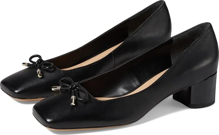 Franco Sarto Natalia Square Toe Block Heel Pumps with Bow High Women's Heels Black Leather : 7 M