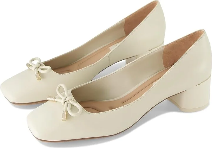 Franco Sarto Natalia Square Toe Block Heel Pumps with Bow High Women's Heels Cream White Leather : 7 M