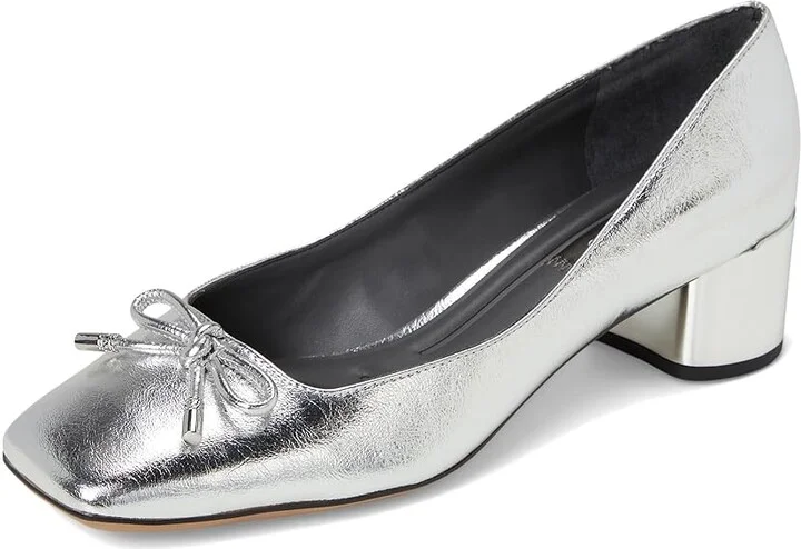 Franco Sarto Natalia Square Toe Block Heel Pumps with Bow High Women's Heels Silver Metallic : 6 W, Leather - Image 5
