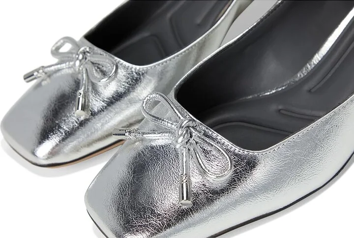 Franco Sarto Natalia Square Toe Block Heel Pumps with Bow High Women's Heels Silver Metallic : 6 W, Leather - Image 7