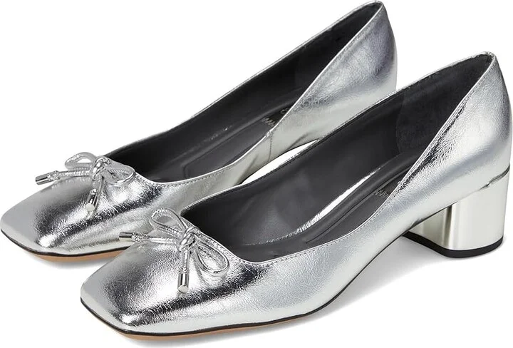 Franco Sarto Natalia Square Toe Block Heel Pumps with Bow High Women's Heels Silver Metallic : 6 W, Leather