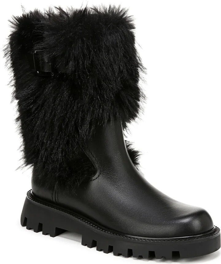 Franco Sarto Women's Brina-Fur Mid Shaft Lug Sole Boots - Black Leather/Faux Fur