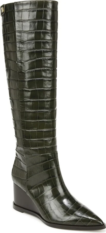 Franco Sarto Womens Estella Pointed Toe Wedge Tall Boot Olive Green Croc Leather 10 M