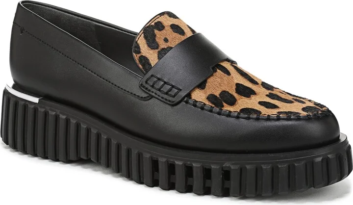 Franco Sarto Women's Flexa Roma Round Toe Lug Sole Loafers - Black/Leopard Print Fur