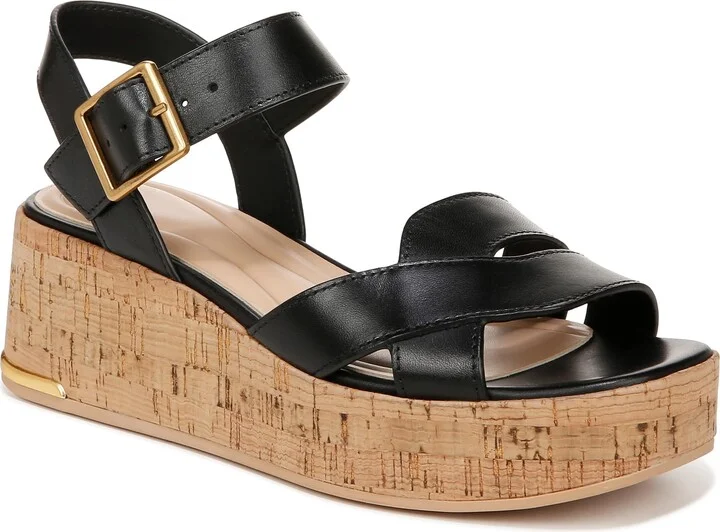 Franco Sarto Womens Tilly Wedge Strappy Sandals Black Leather 7 M