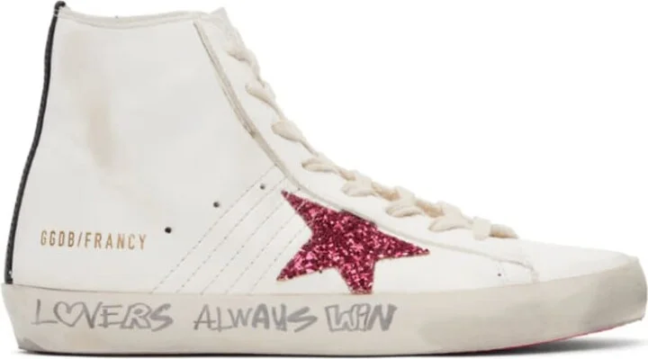Francy White Leather and Pink Glitter Star Women's Sneakers
