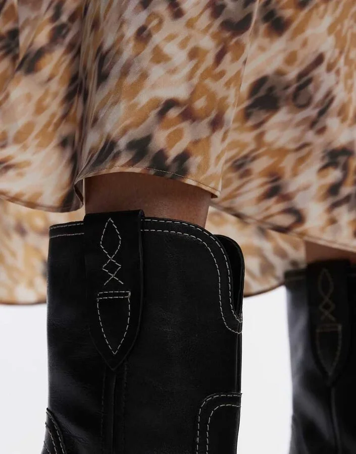 Free People contrast stitch leather western boots in black - Image 2