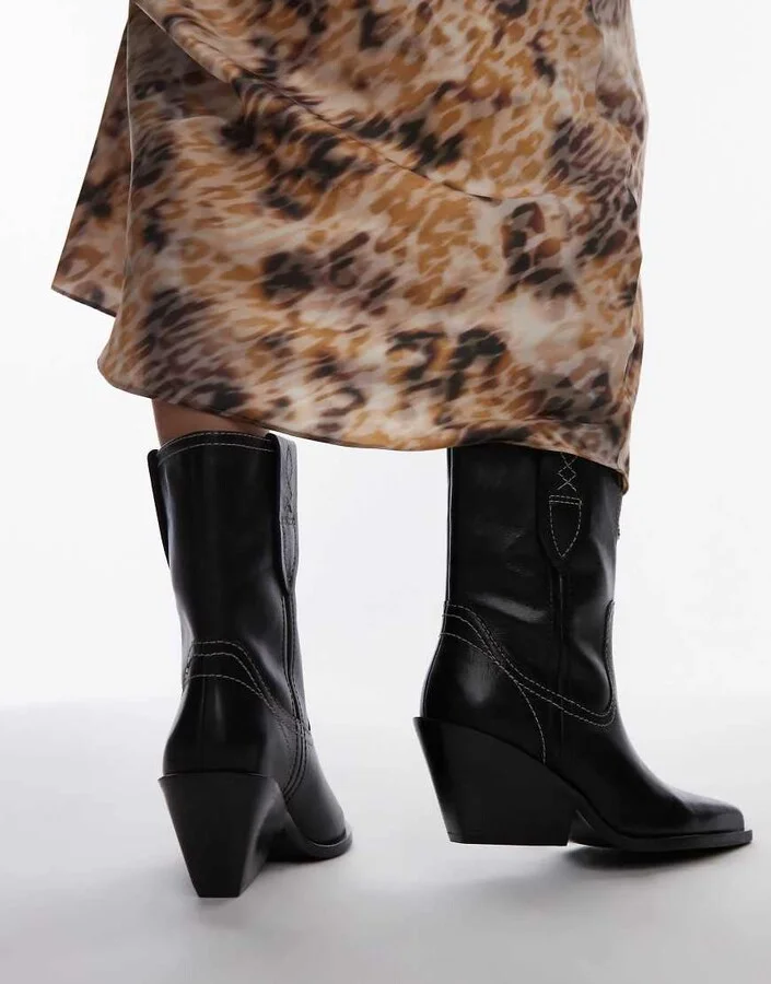 Free People contrast stitch leather western boots in black - Image 4