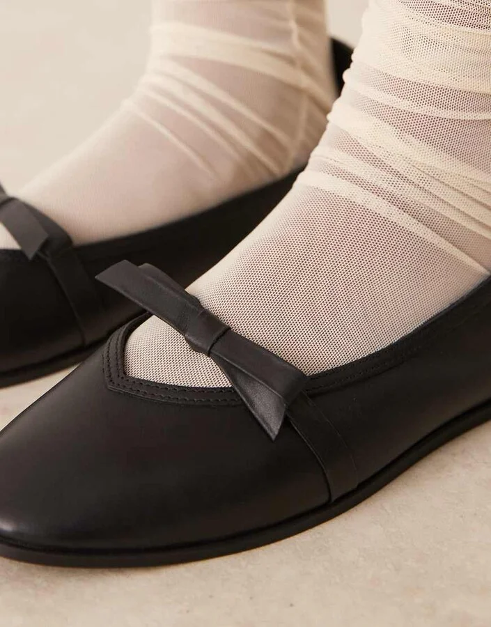 Free People soft leather bow detail flat ballet flats in black - Image 3