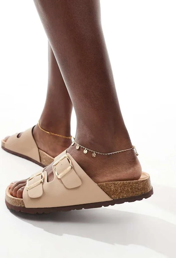 French Connection double buckle footbed sandals in taupe - Image 2
