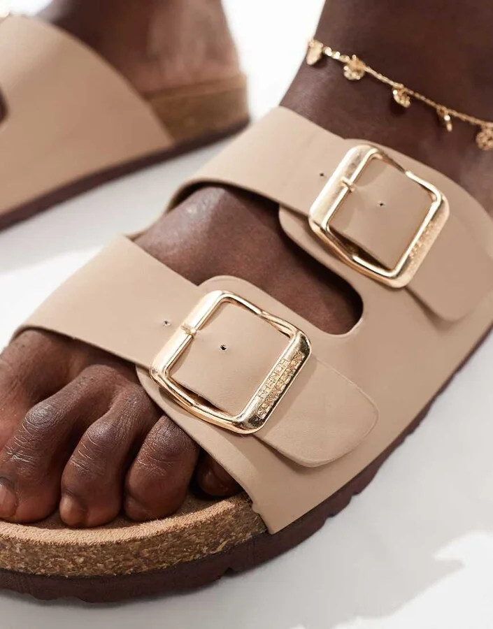 French Connection double buckle footbed sandals in taupe - Image 3