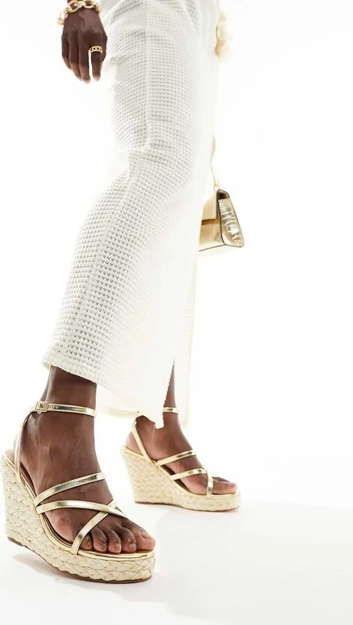 French Connection wedge strappy sandals in gold - Image 2