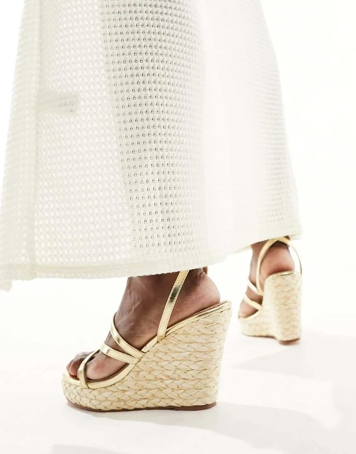 French Connection wedge strappy sandals in gold - Image 3