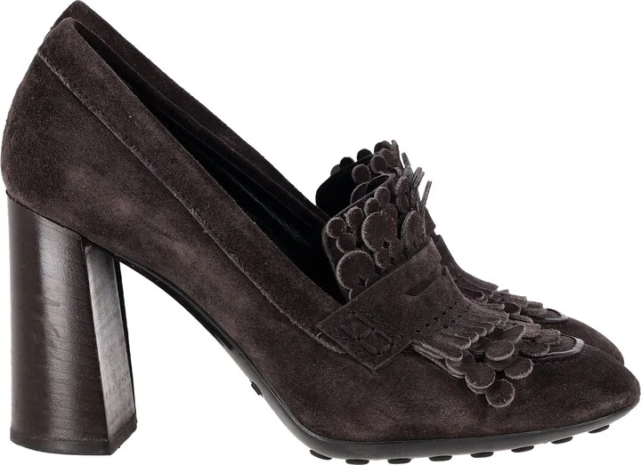 Fringe Block Heel Penny Loafer Pumps in Brown Suede