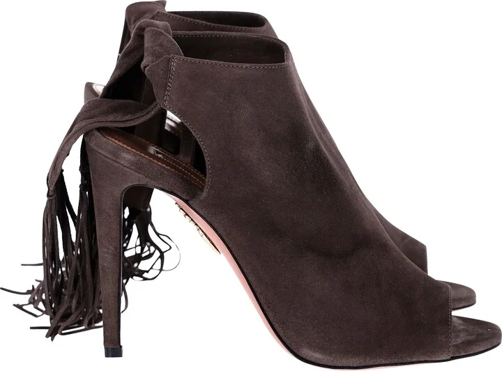 Fringe Tie Sandals in Brown Suede