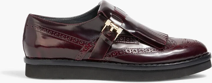 Fringed burnished glossed-leather loafers