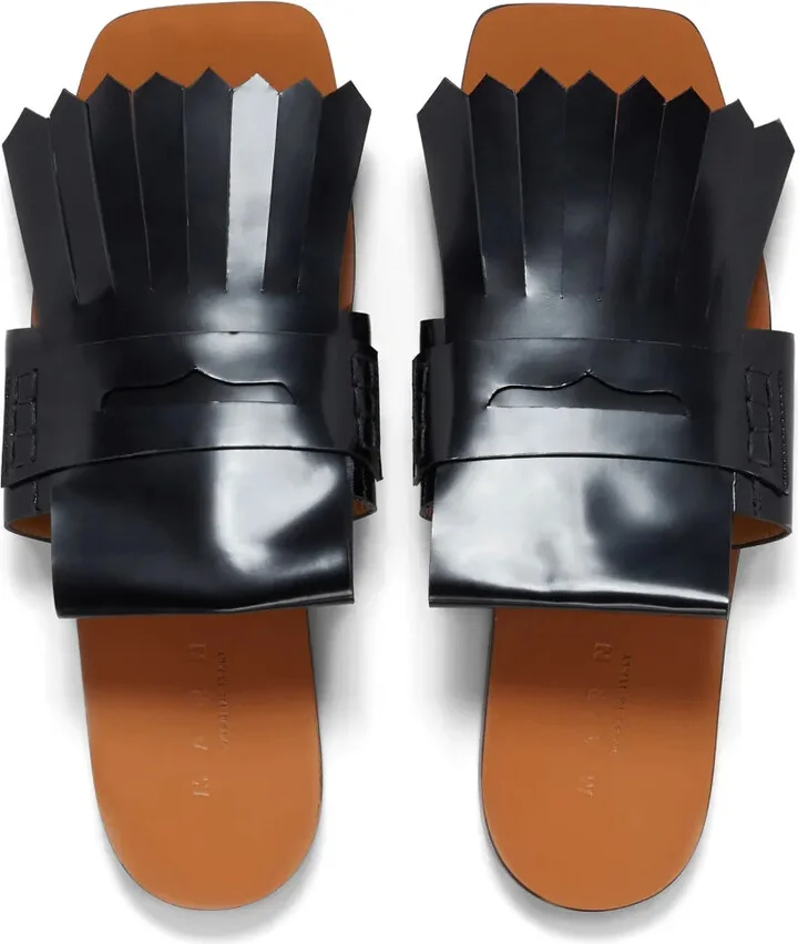 Fringed Leather Flat Sandals - Image 4