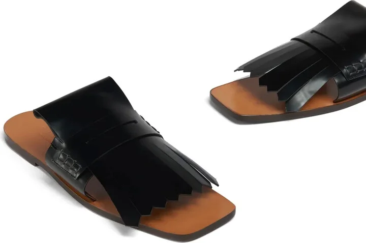 Fringed Leather Flat Sandals - Image 5