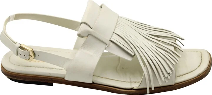 Fringed Slingback Flat Sandals in White Leather