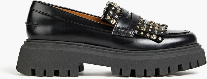 Fringed studded leather platform loafers