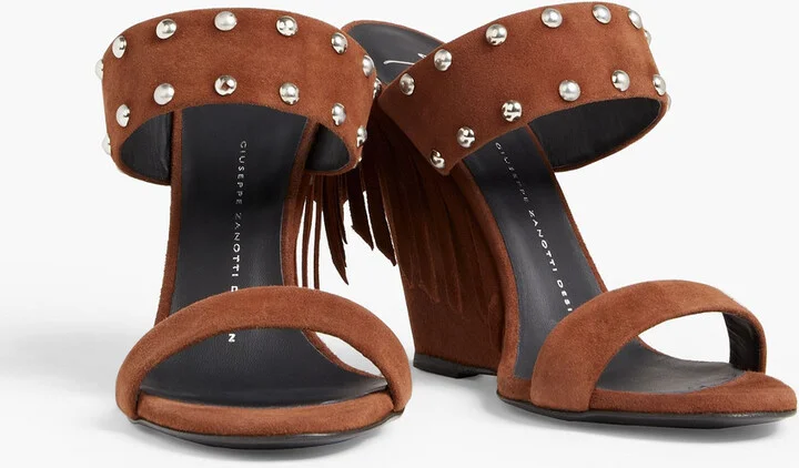 Fringed studded suede wedge mules - Image 2